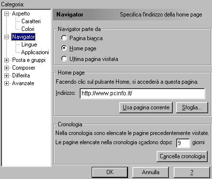 Selezionare la voce Navigator ed inserire nel campo Location l'indirizzo internet della pagina