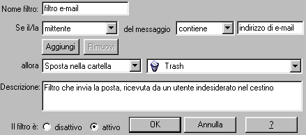 Filtro che invia la posta, ricevuta da un indirizzo indesiderato, nel cestino