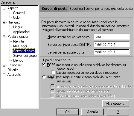 Inserire la propria username della posta, SMTP: mail.tin.it, Incoming mail server: box1.tin.it per gli utenti RTG, box2.tin.it per gli utenti ISDN