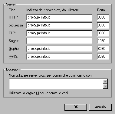 Configurazione Proxy, inserire: HTTP: proxywww.tin.it, Sicurezza: proxyswww.tin.it, FTP: proxyftp.tin.it, Gopher: proxygopher.tin.it, Wais: proxywais.tin.it