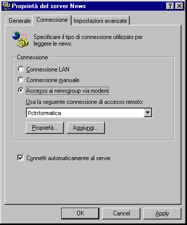 Propriet del server news - Connessione