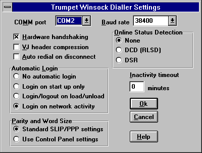 Schermata Trumpet Dialler Settings